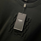 Black sweatshirt hang tag and raised Fendi logo detail on fabric