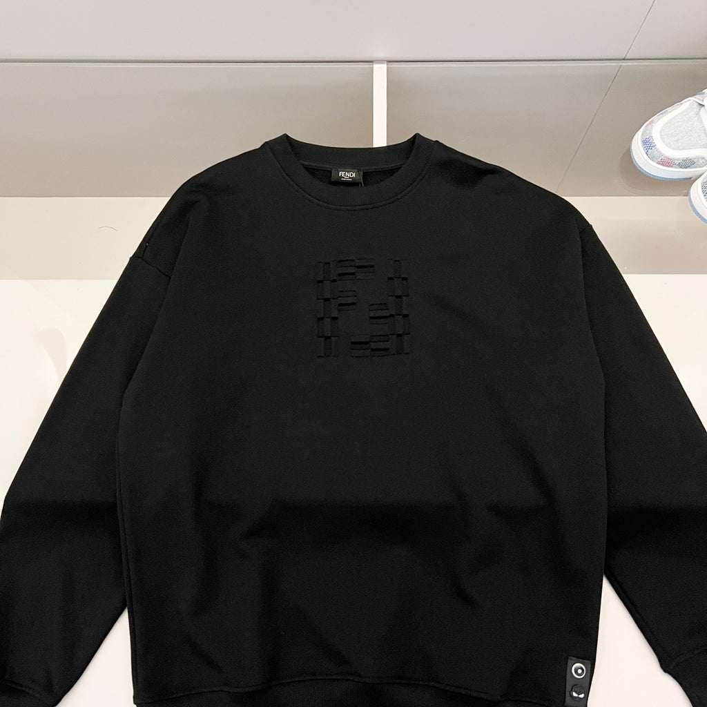 Black crewneck sweatshirt with Fendi logo on chest and small side patch