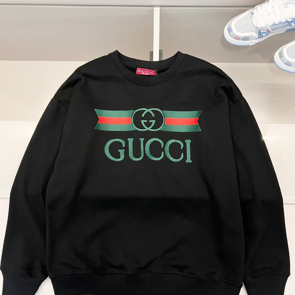 Gucci long-sleeve sweatshirt with green-red GG stripe and Gucci logo