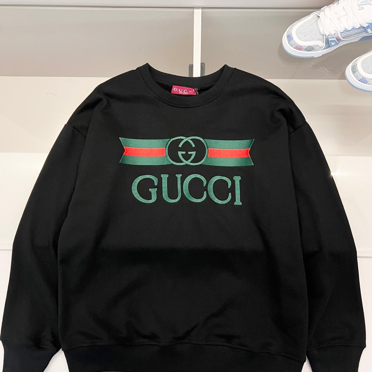 Gucci long-sleeve sweatshirt with green-red GG stripe and Gucci logo