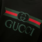 Gucci sweatshirt graphic close-up: GG emblem and Gucci lettering