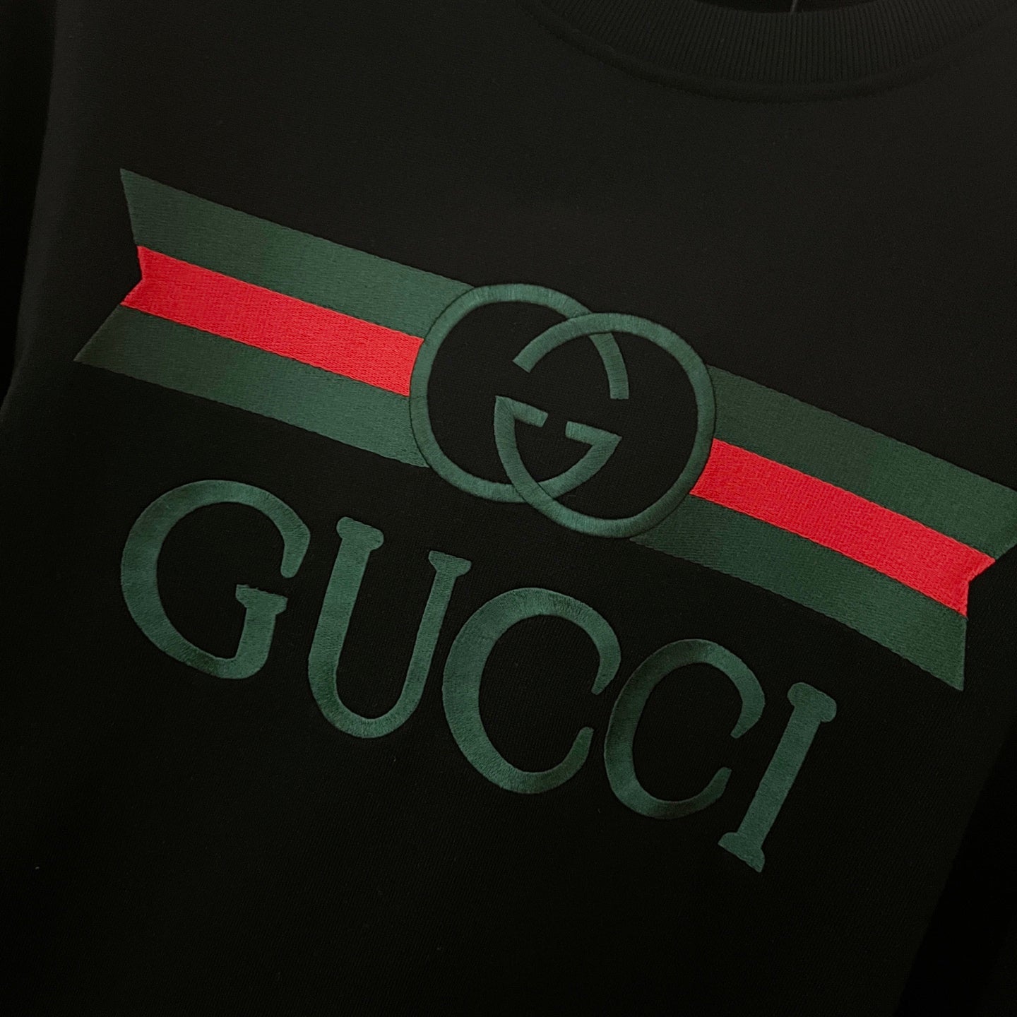 Gucci sweatshirt graphic close-up: GG emblem and Gucci lettering