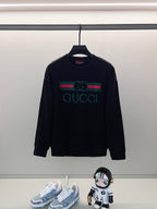 Gucci long-sleeve sweatshirt, black with green-red GG stripe and Gucci logo