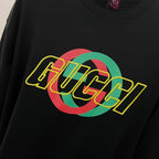 Black sweatshirt with oversized multicolor GUCCI logo graphic on front.