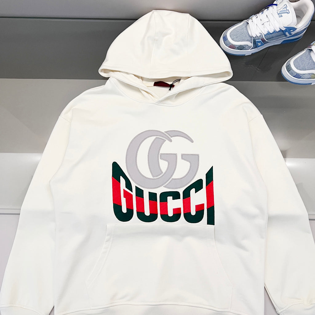 White Gucci pullover hoodie with front hood and large chest logo print