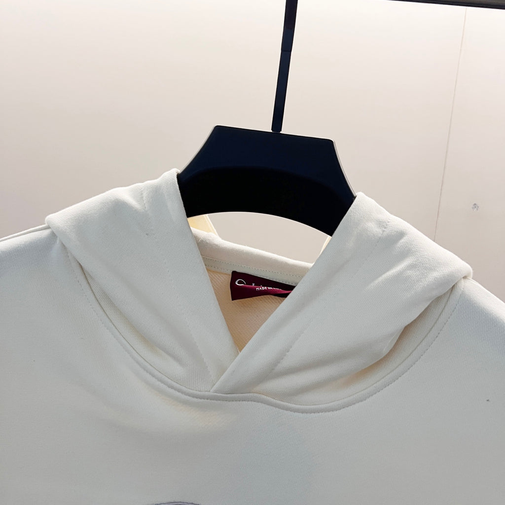 White Gucci hoodie neckline with draped hood and ribbed trim
