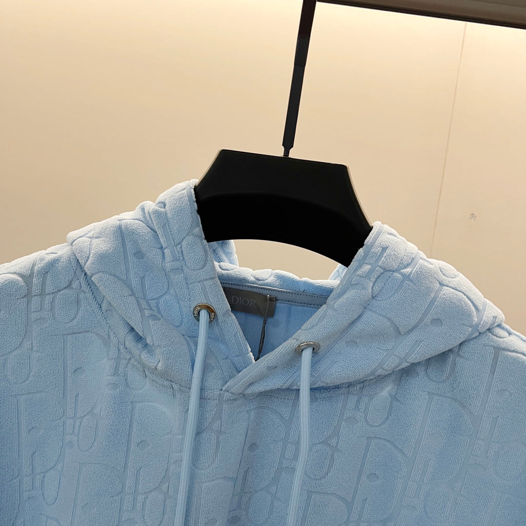 Light blue logo-pattern hoodie hood with drawstrings and metal-tipped ends