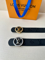Louis Vuitton belts with gold and silver logo buckles on dark embossed monogram straps