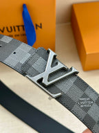 Dark gray check belt strap with silver LV buckle and metal pin holes