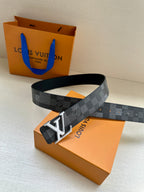 Dark gray check belt with silver LV buckle and stitched leather keeper