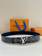Louis Vuitton belt in dark gray check canvas with silver LV buckle and pin holes