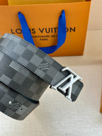 Dark gray check belt strap with silver LV buckle and perforated adjustment holes
