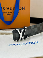Dark gray check belt with silver LV buckle and stitched leather edge