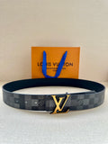 Louis Vuitton Damier patterned belt with gold LV buckle, dark gray/black strap