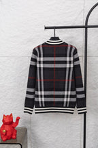 Plaid zip cardigan, back view with ribbed hem and cuffs, dark with white and red lines