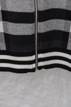 Plaid zip cardigan lower front with ribbed stripes and zipper, dark with white and red blocks