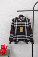 Plaid zip cardigan with ribbed striped collar, dark base with white and red lines