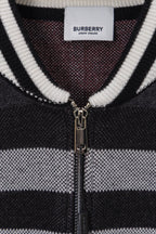 Plaid zip cardigan front with metal zipper and ribbed white-striped collar, dark