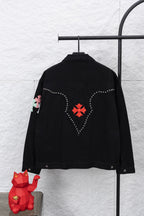 Black long-sleeve button-up shirt, back view with red cross and dotted design
