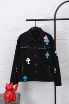 Black long-sleeve button-up shirt with stud trim and colorful cross patches