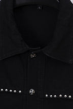 Black button-up collar detail with center placket emblem and stud accents