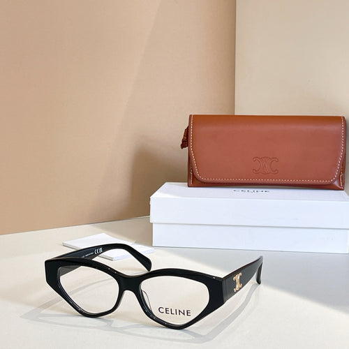 Black cat-eye eyeglasses with clear lenses and gold logo on temples