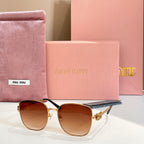 Square sunglasses with gold frame and dark brown gradient lenses, side view.