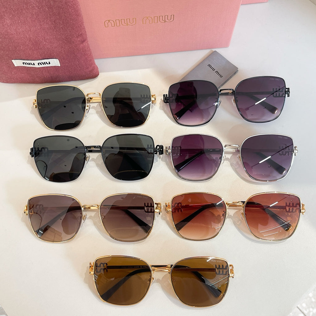 Assorted square sunglasses on display with gold, black, and purple gradient lenses.