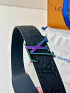 Dark textured leather belt with LV monogram pattern and multicolor buckle close-up