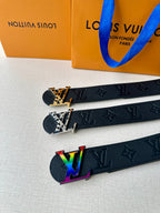 Dark leather belts with LV monogram texture and multicolor LV buckle variants