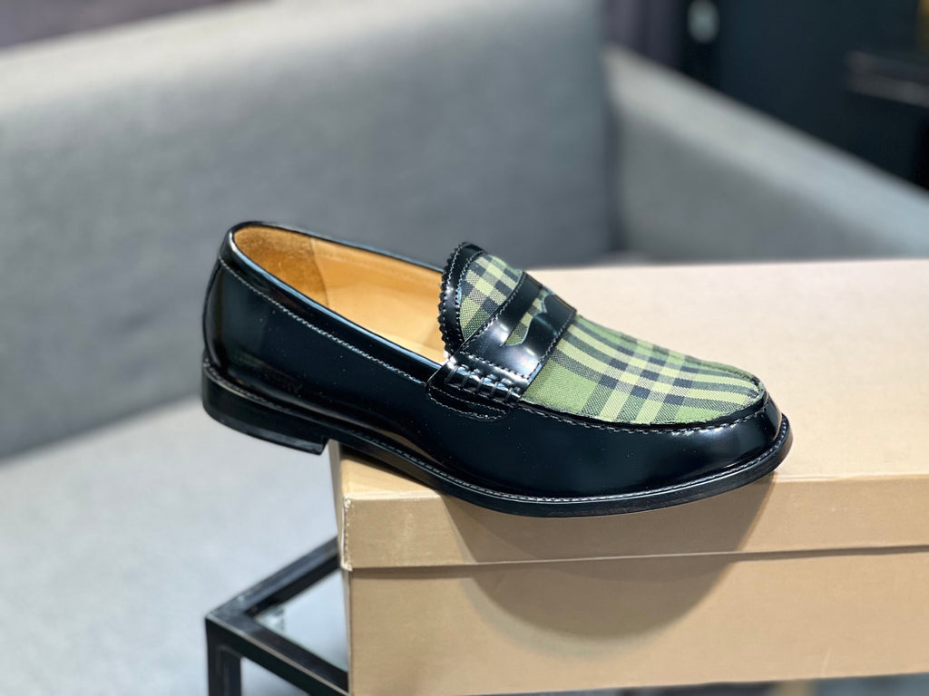 Burberry plaid loafer, single black leather slip-on with green tartan strap