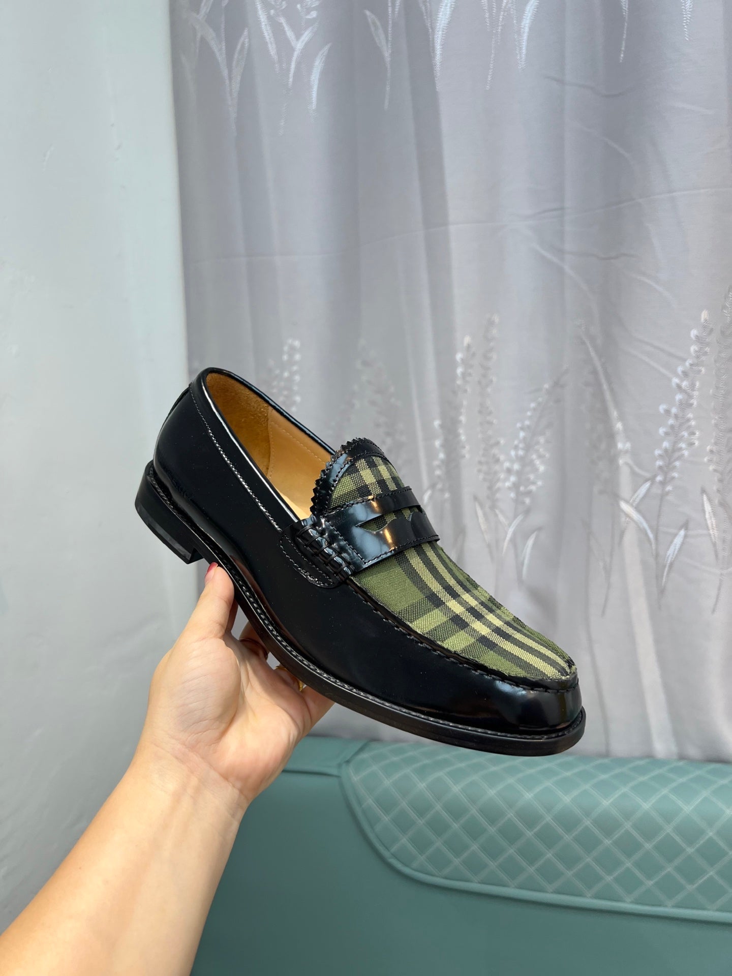 Burberry plaid loafer, glossy black leather with green tartan strap detail
