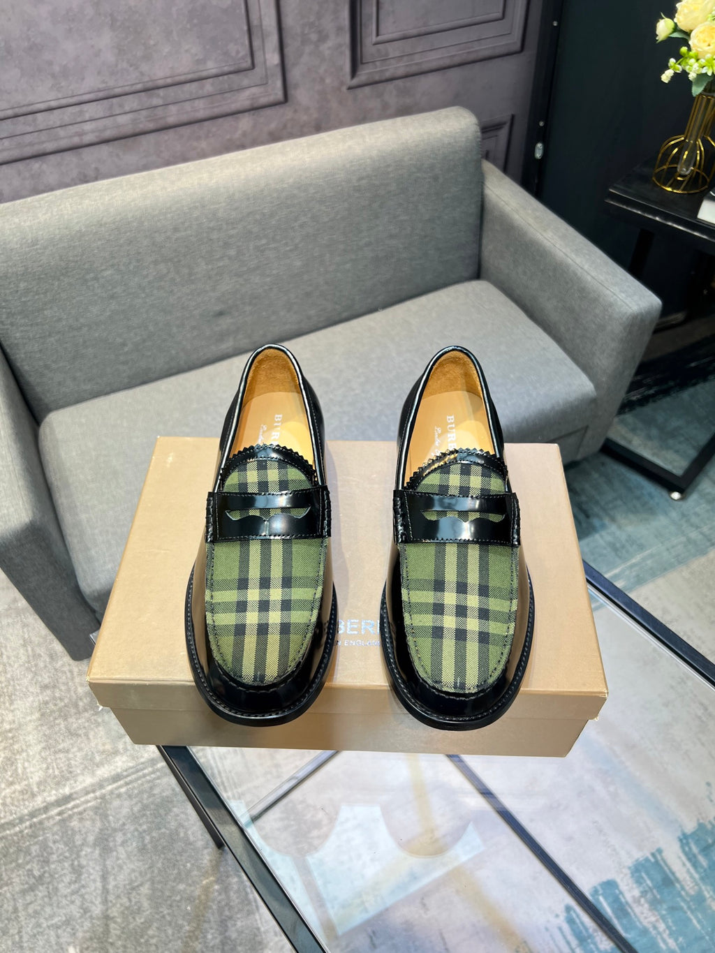 Burberry plaid loafers, black leather with green tartan panel and buckle strap