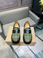 Burberry plaid loafers, black leather with green tartan panel and buckle strap