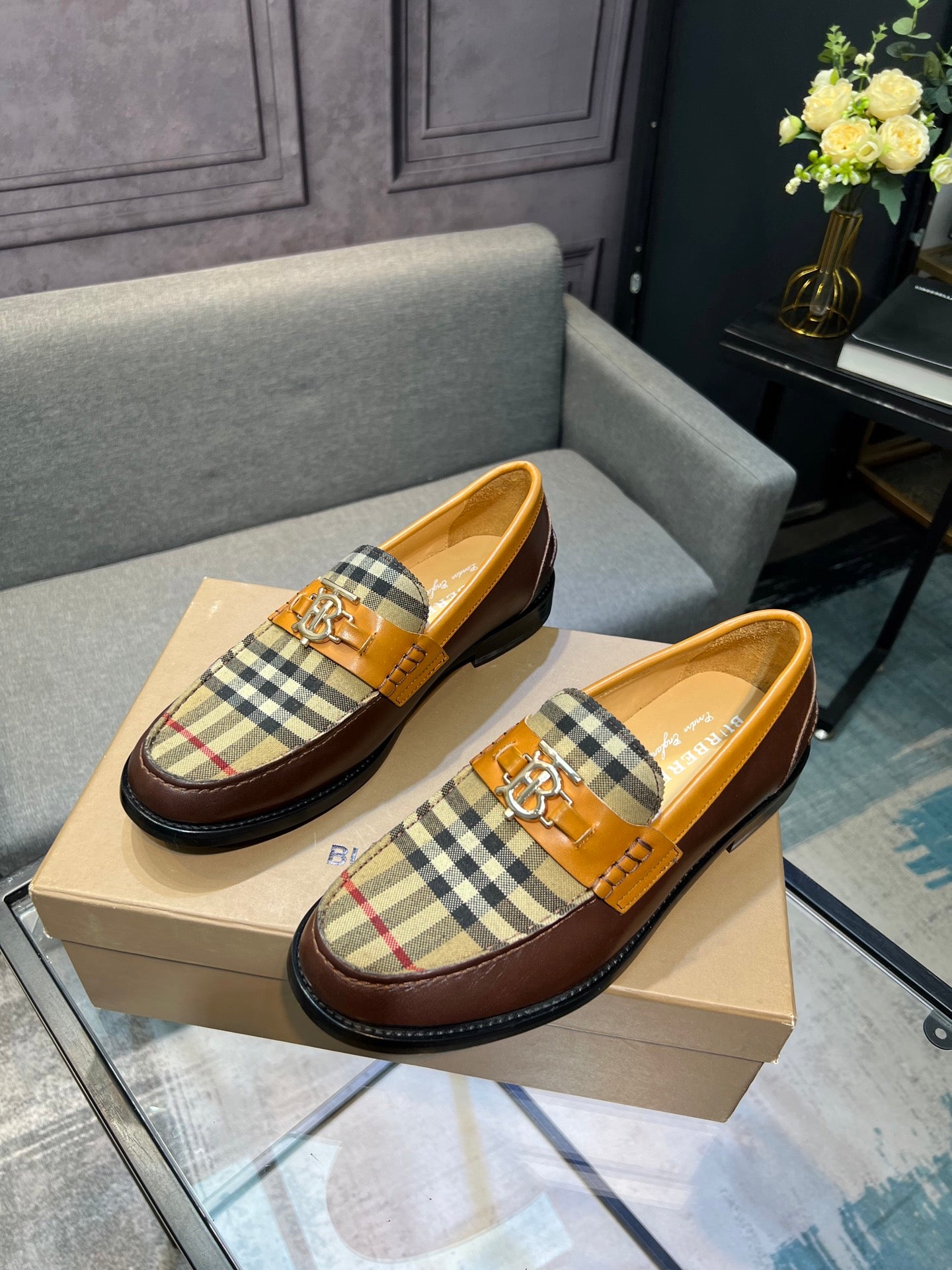Burberry loafers, tan leather with plaid insole panel and gold-tone buckle detail