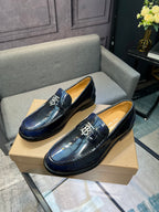 Burberry navy patent leather loafers, TB buckle detail on the vamp