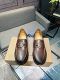 Brown leather loafer shoes with metal TB buckle and black rubber sole