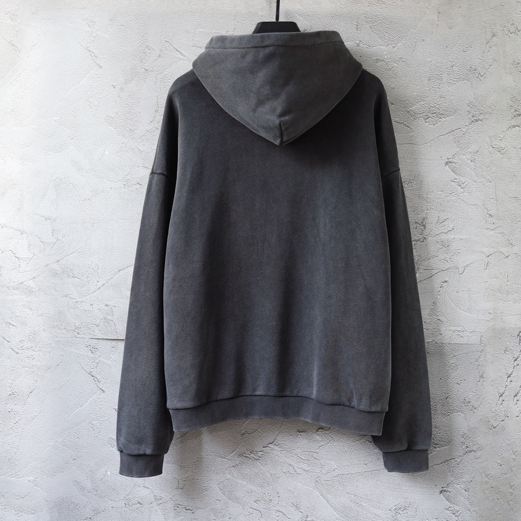 Charcoal gray Balenciaga hoodie sweatshirt, back view with hood and kangaroo pocket