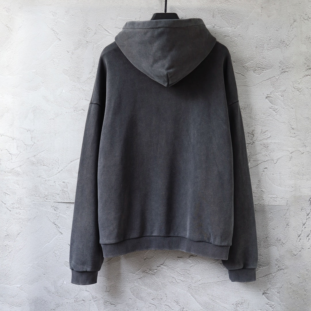 Charcoal gray Balenciaga hoodie sweatshirt, back view with hood and kangaroo pocket