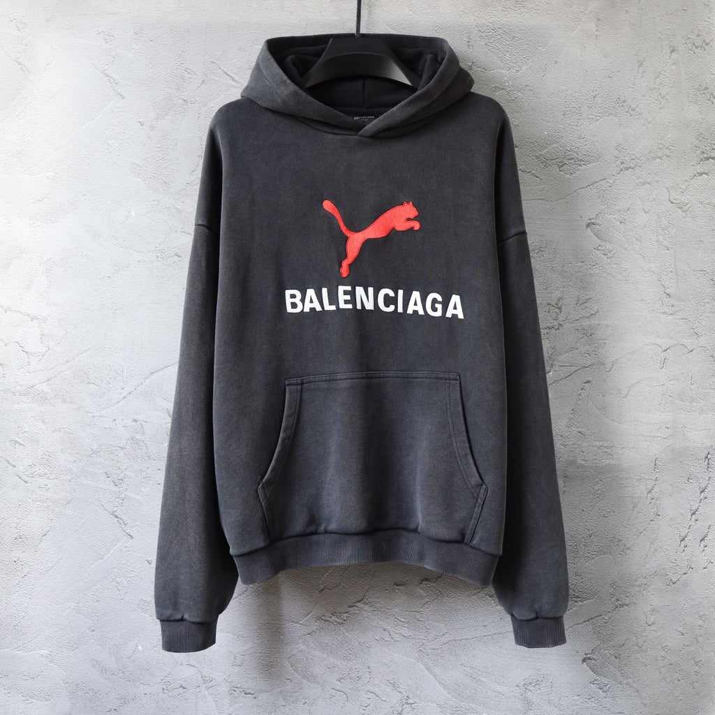 Charcoal gray Balenciaga hoodie sweatshirt with front pocket and red logo graphic
