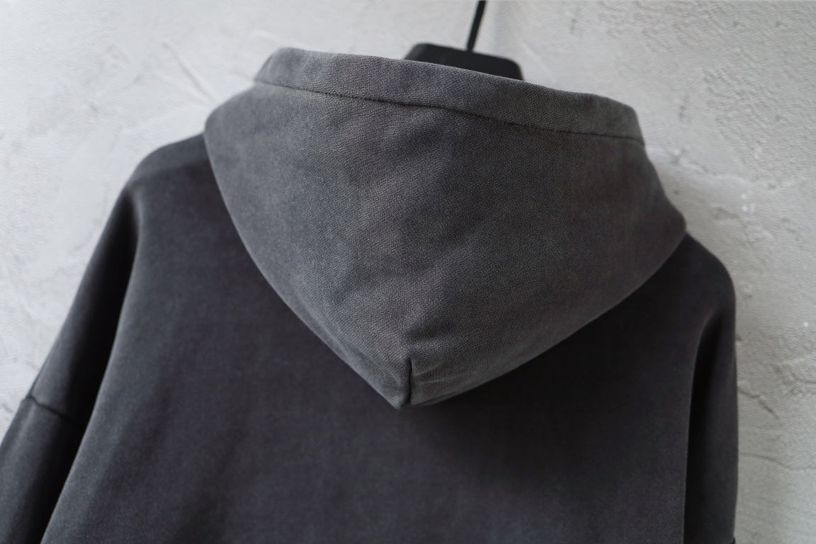 Charcoal gray Balenciaga hoodie sweatshirt hood with curved seams, back view