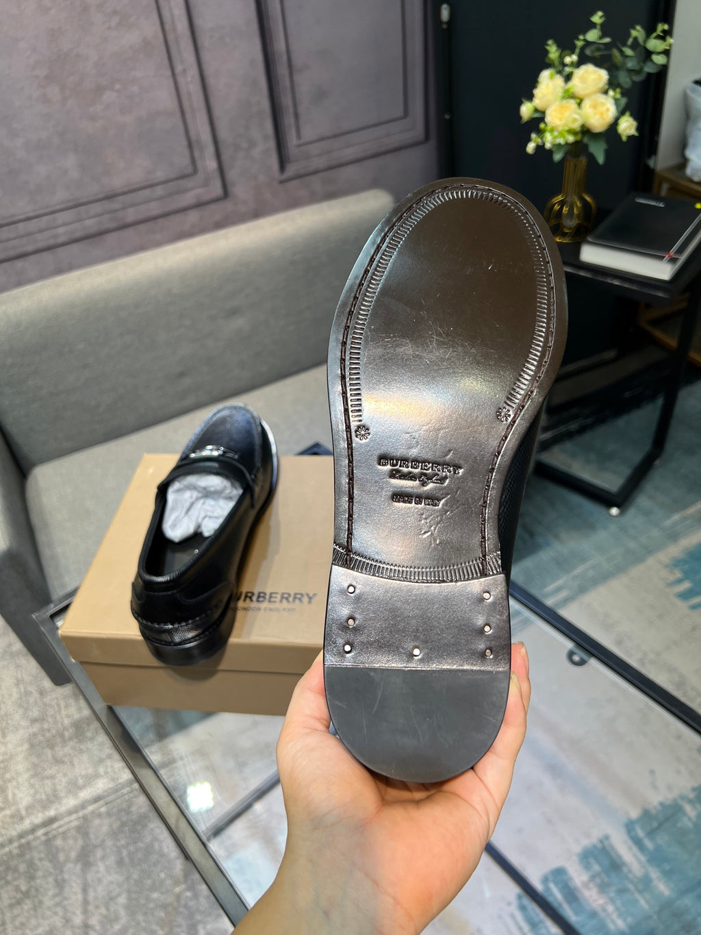 Burberry loafer sole, dark outsole with textured edge and printed interior markings