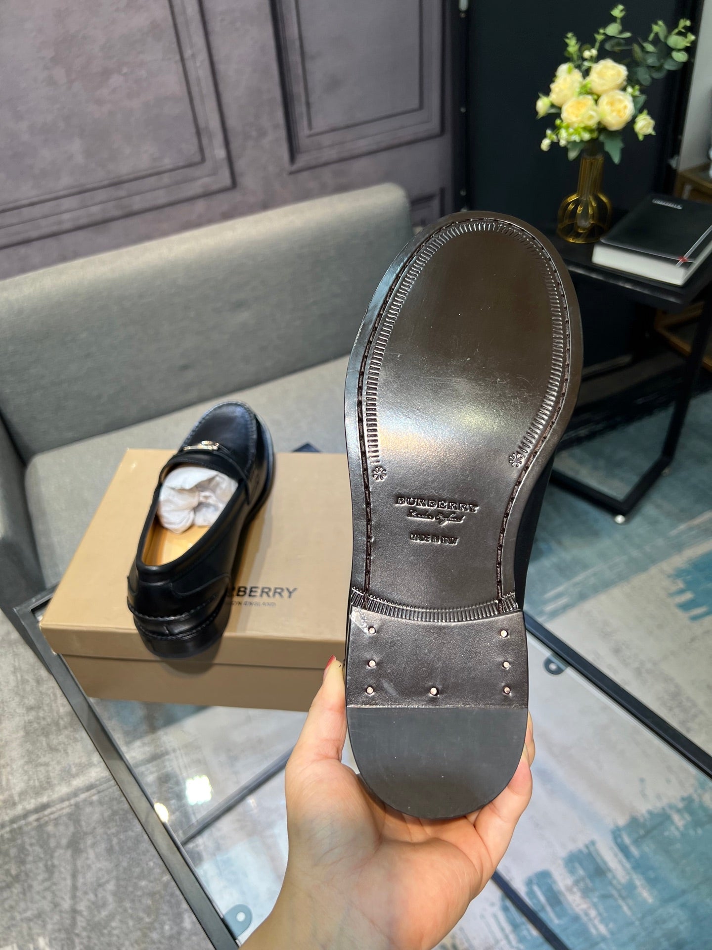 Burberry dark leather loafer sole and heel, shown from bottom