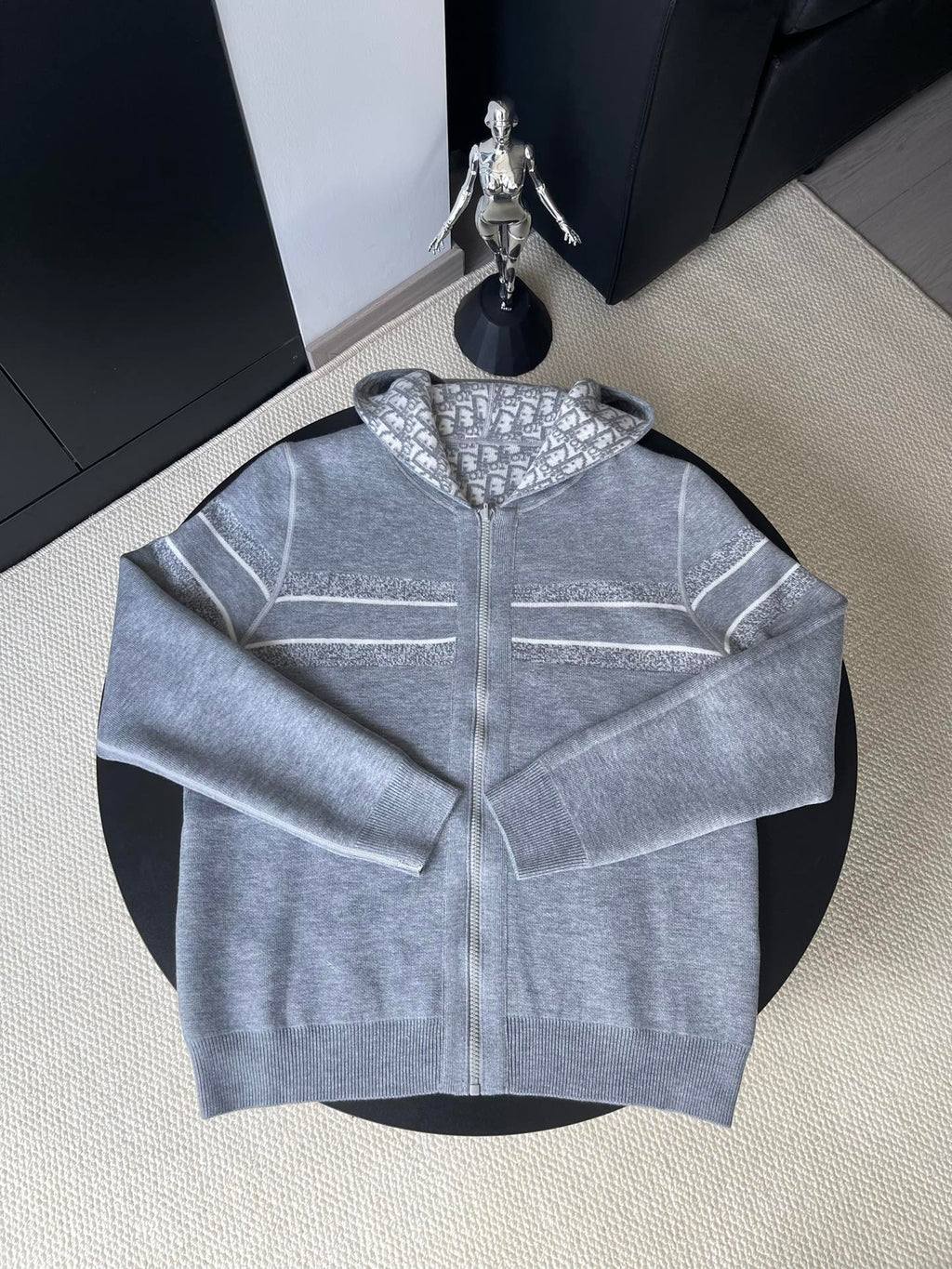 Dior long hooded zip jacket, heather gray with logo-striped bands