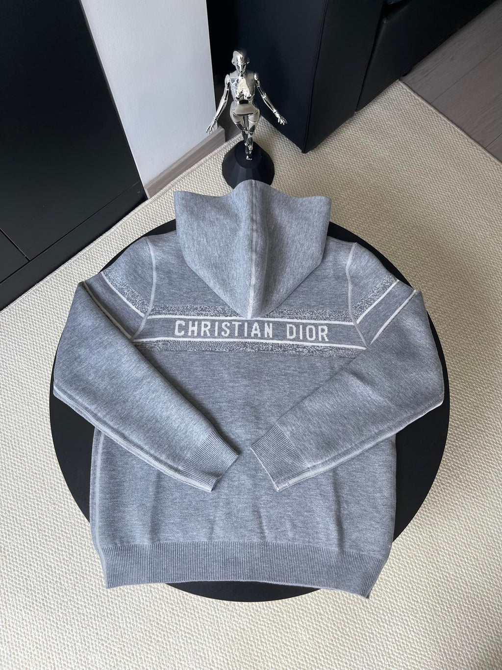 Dior long hooded zip jacket, heather gray with “CHRISTIAN DIOR” across chest