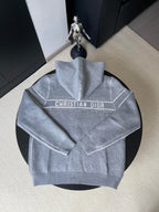Dior long hooded zip jacket, heather gray with “CHRISTIAN DIOR” across chest