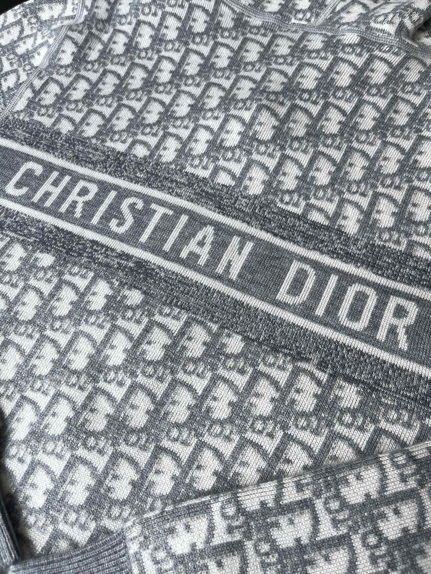 Dior long hooded zip jacket close-up: “CHRISTIAN DIOR” logo on knit