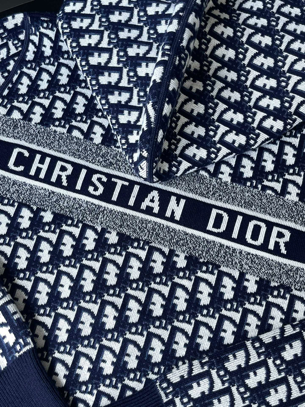 Dior jacquard knit pattern in navy with white motif repeat