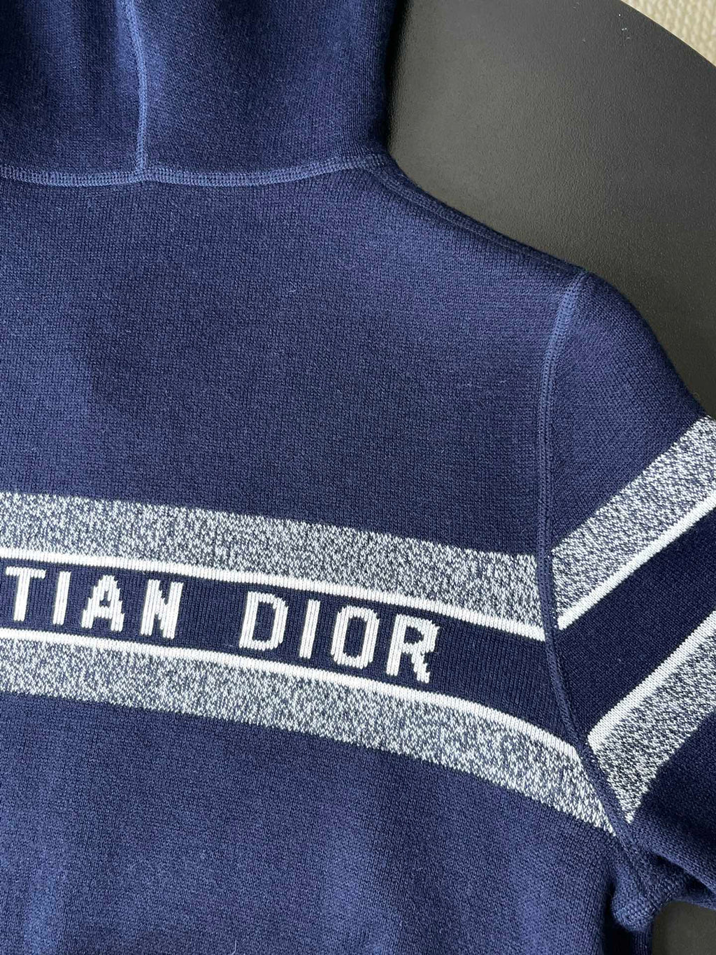Navy Dior mock-neck knit sweater with logo stripe trim at shoulders