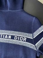 Navy Dior mock-neck knit sweater with logo stripe trim at shoulders